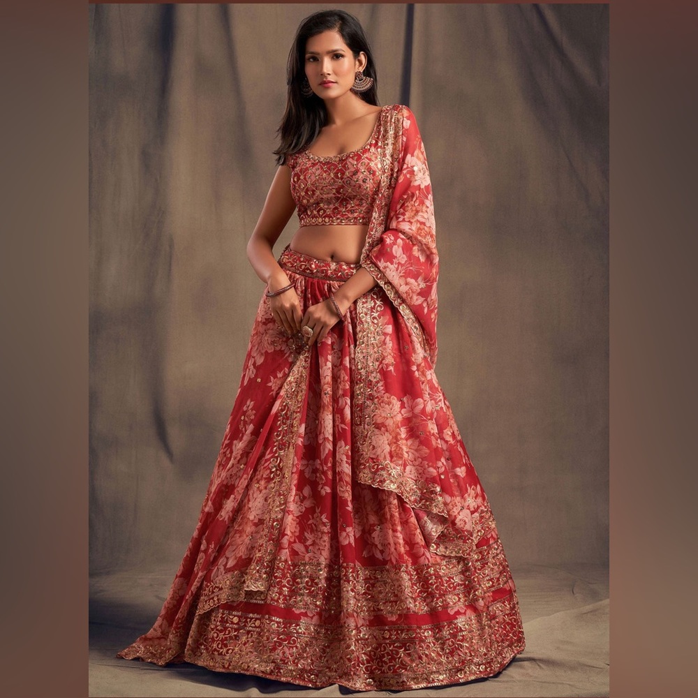 Large- semi stitched Red Floral Embroidered Organza Wedding Wear Lehenga Choli